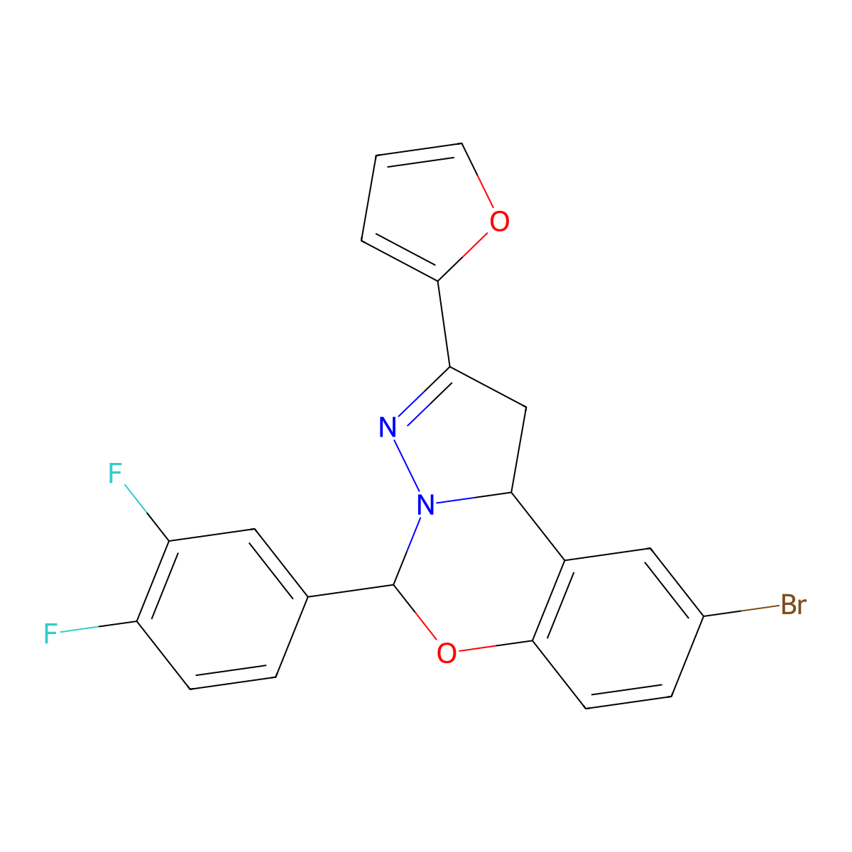 9-bromo-5-(3,4-difluorophenyl)-2-(furan-2-yl)-5,10b-dihydro-1H-pyrazolo[1,5-c][1,3]benzoxazine molecular structure, CAS 638145-74-1