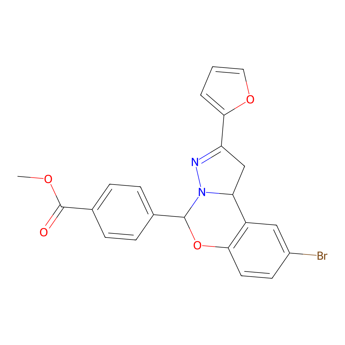 Methyl 4-[9-bromo-2-(furan-2-yl)-1,10b-dihydropyrazolo[1,5-c][1,3]benzoxazin-5-yl]benzoate molecular structure, CAS 638145-86-5