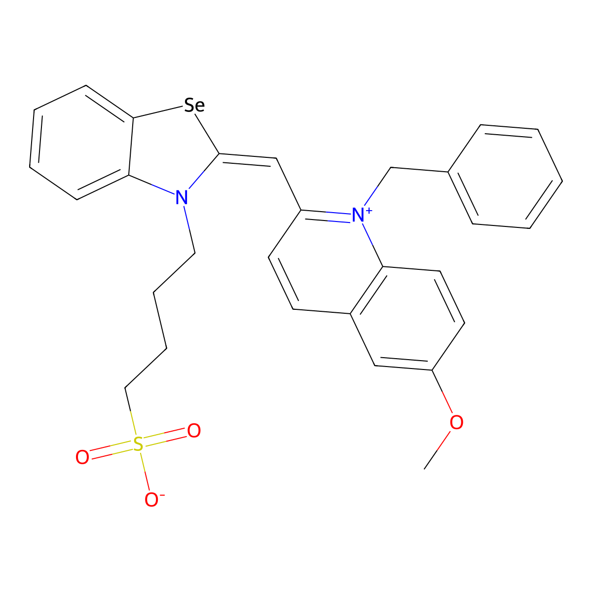 quinolinium, 6-methoxy-1-(phenylmethyl)-2-((3-(4-sulfobutyl)-2(3h)-benzoselenazolylidene)methyl)-, inner salt molecular structure, CAS 63815-75-8