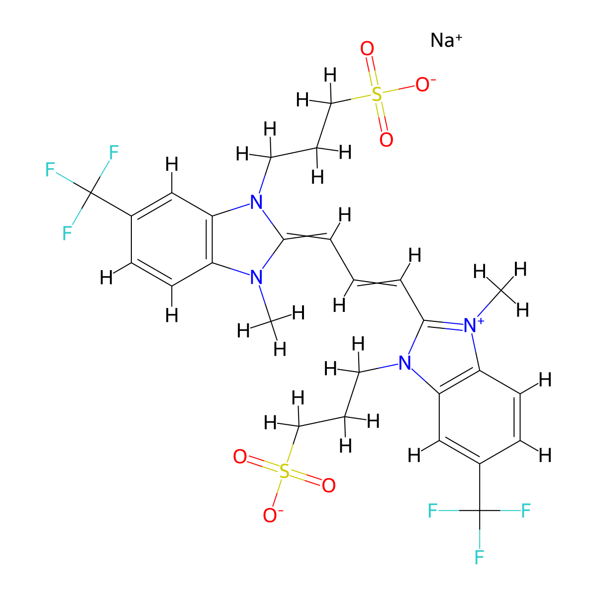 1H-Benzimidazolium, 2-(3-(1,3-dihydro-1-methyl-3-(3-sulfopropyl)-5-(trifluoromethyl)-2H-benzimidazol-2-ylidene)-1-propen-1-yl)-1-methyl-3-(3-sulfopropyl)-5-(trifluoromethyl)-, inner salt, sodium salt (1:1) molecular structure, CAS 63815-86-1