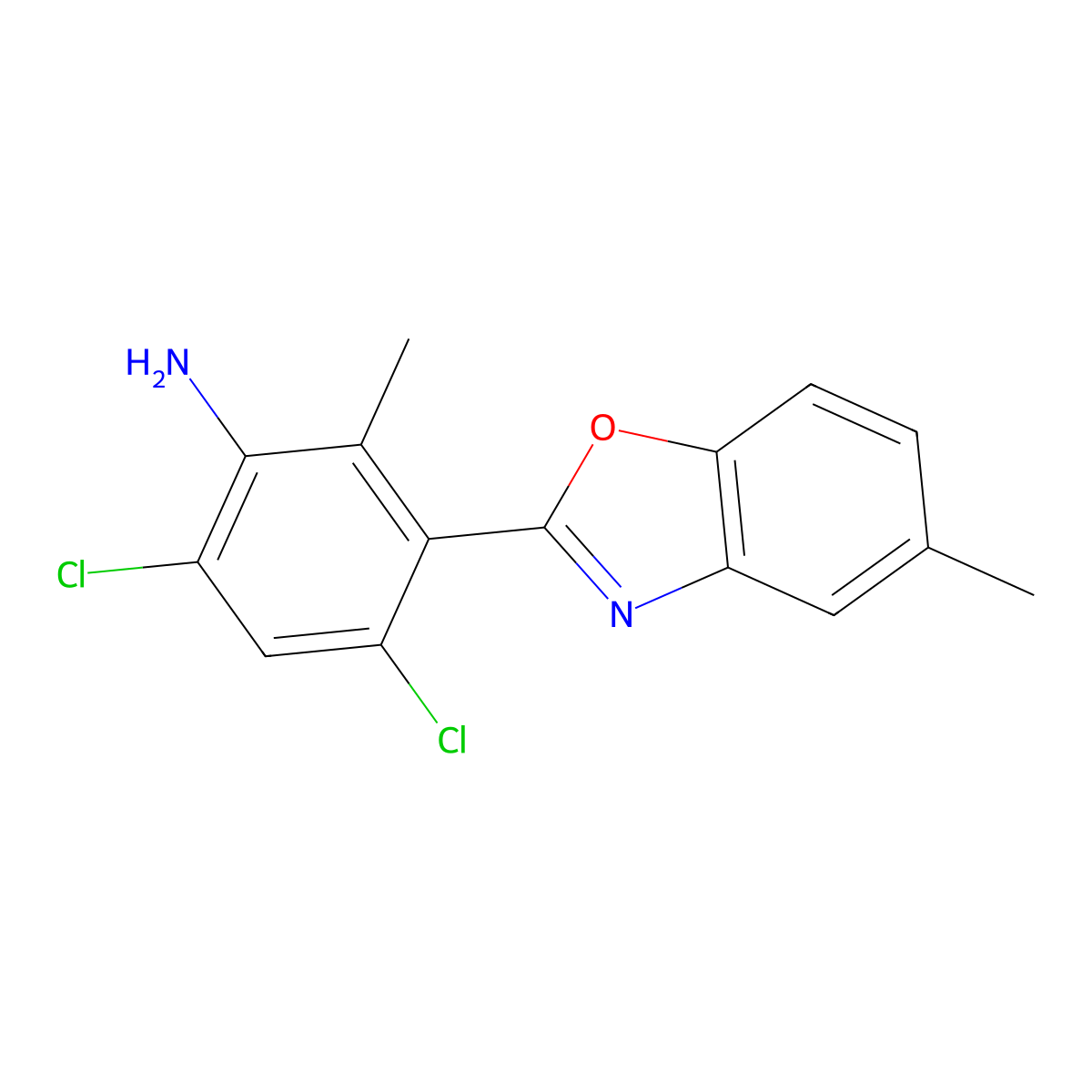 4,6-Dichloro-2-methyl-3-(5-methyl-1,3-benzoxazol-2-yl)aniline molecular structure, CAS 638159-03-2