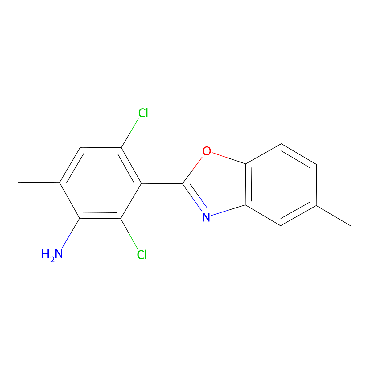 2,4-Dichloro-6-methyl-3-(5-methyl-1,3-benzoxazol-2-yl)aniline molecular structure, CAS 638159-21-4