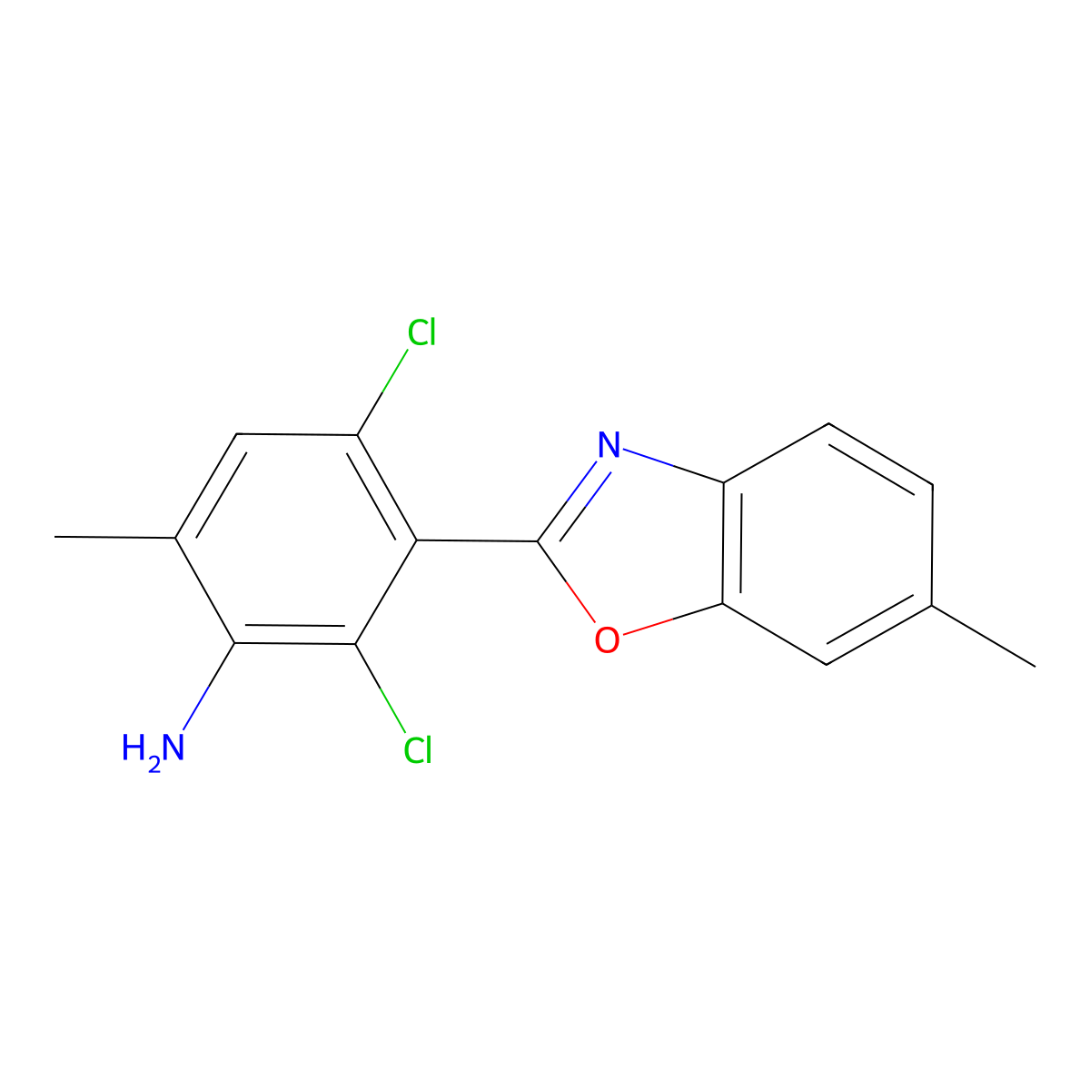 2,4-Dichloro-6-methyl-3-(6-methyl-1,3-benzoxazol-2-yl)aniline molecular structure, CAS 638159-23-6