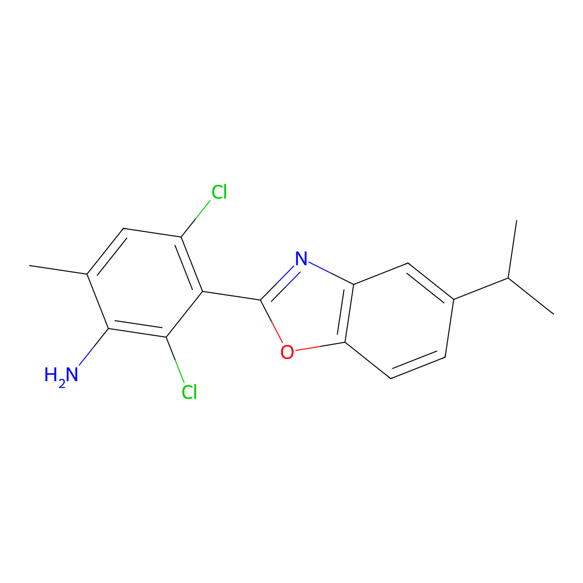 2,4-Dichloro-6-methyl-3-(5-propan-2-yl-1,3-benzoxazol-2-yl)aniline molecular structure, CAS 638159-27-0