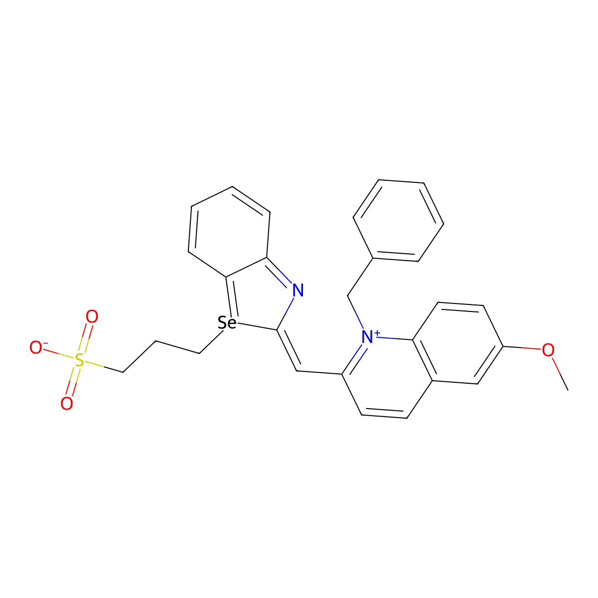quinolinium, 6-methoxy-1-(phenylmethyl)-2-((3-(3-sulfopropyl)-2(3h)-benzoselenazolylidene)methyl)-, inner salt molecular structure, CAS 63816-07-9