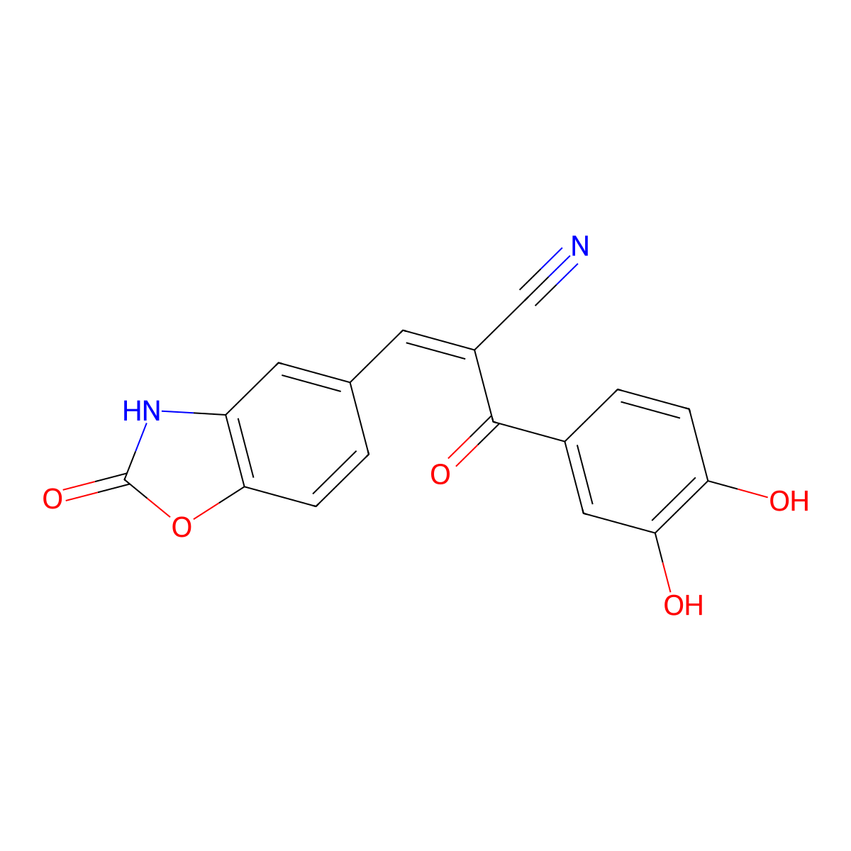 (E)-2-(3,4-dihydroxybenzoyl)-3-(2-oxo-3H-1,3-benzoxazol-5-yl)prop-2-enenitrile molecular structure, CAS 638213-98-6