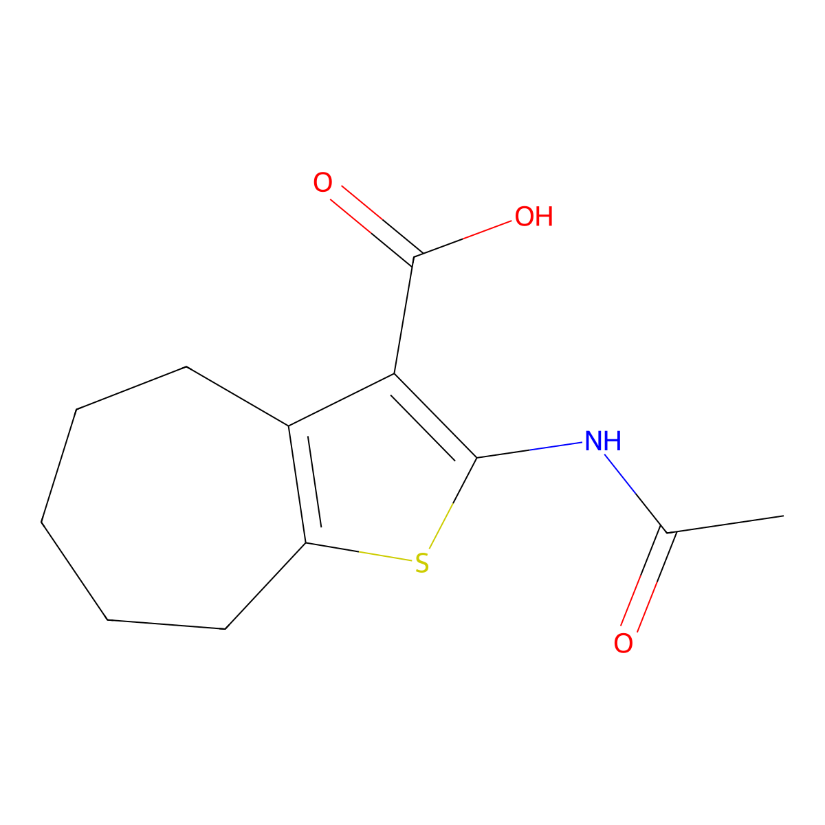 2-acetamido-5,6,7,8-tetrahydro-4H-cyclohepta[b]thiophene-3-carboxylic acid molecular structure, CAS 63826-34-6