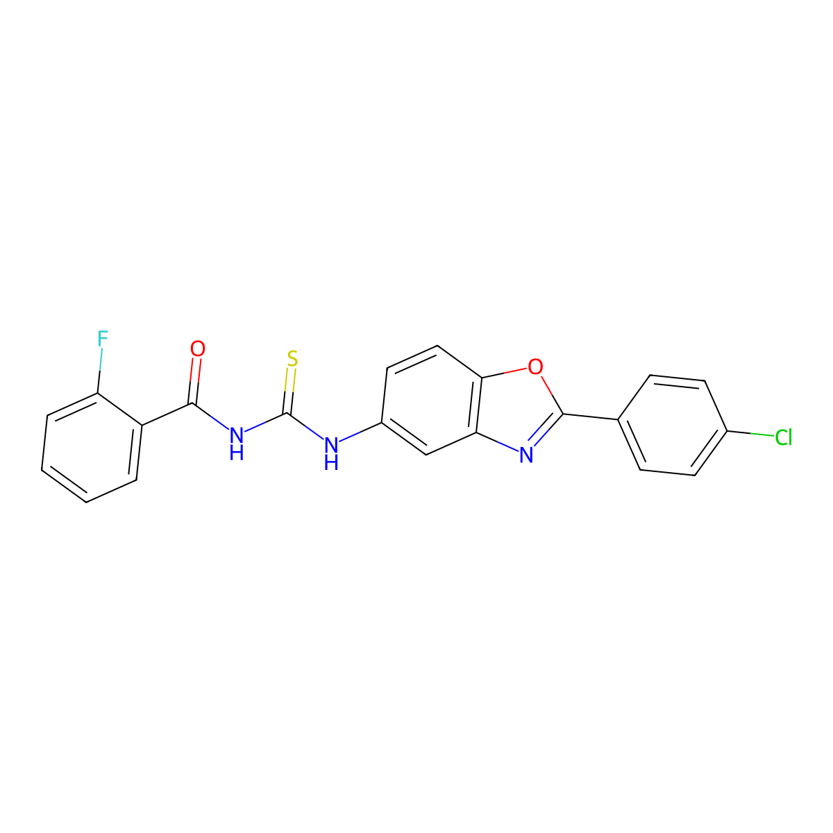 N-{[2-(4-chlorophenyl)-1,3-benzoxazol-5-yl]carbamothioyl}-2-fluorobenzamide molecular structure, CAS 6383-22-8