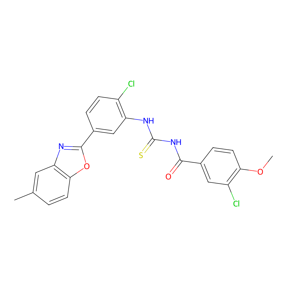 3-chloro-N-[[2-chloro-5-(5-methyl-1,3-benzoxazol-2-yl)phenyl]carbamothioyl]-4-methoxybenzamide molecular structure, CAS 6383-86-4