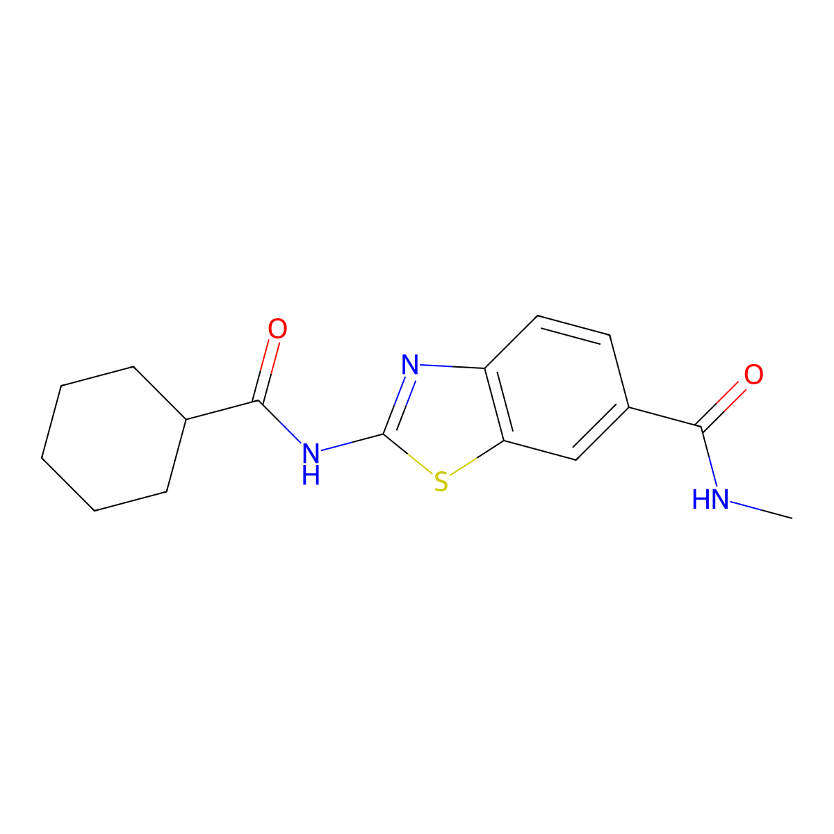 2-(cyclohexanecarbonylamino)-N-methyl-1,3-benzothiazole-6-carboxamide molecular structure, CAS 6384-14-1