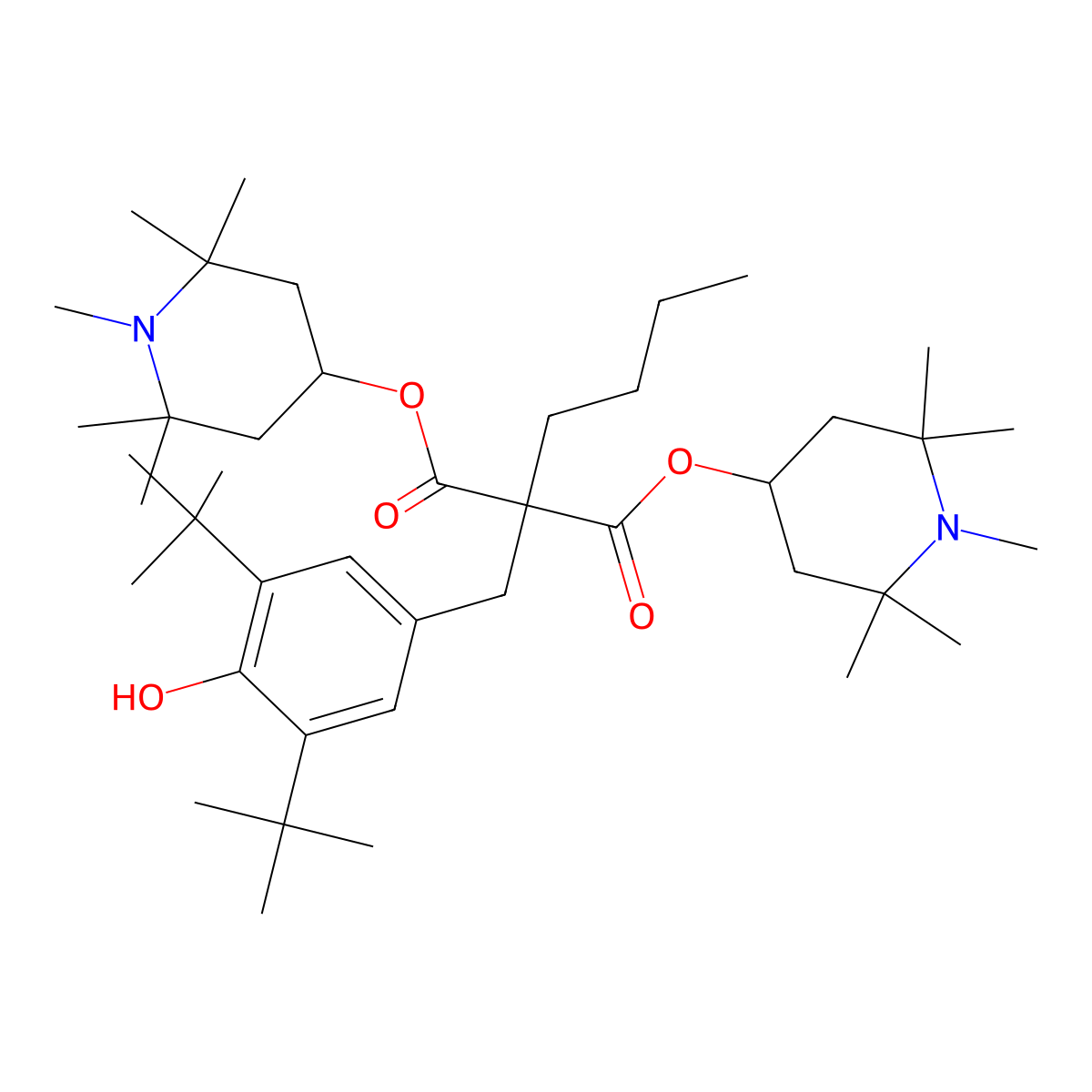 Propanedioic acid, 2-((3,5-bis(1,1-dimethylethyl)-4-hydroxyphenyl)methyl)-2-butyl-, 1,3-bis(1,2,2,6,6-pentamethyl-4-piperidinyl) ester molecular structure, CAS 63843-89-0