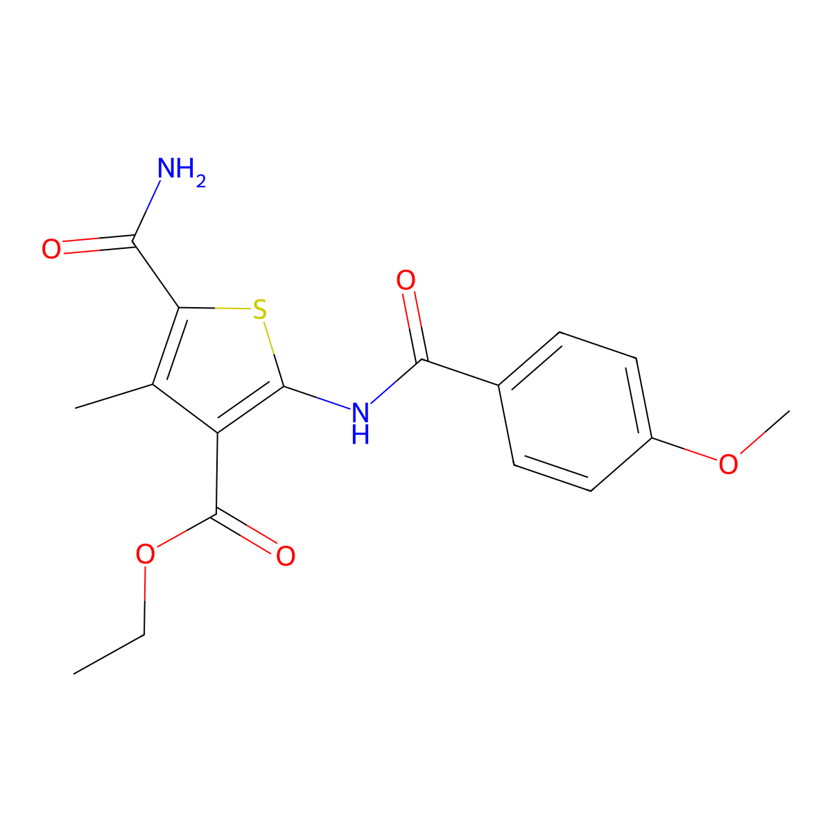 Ethyl 5-carbamoyl-2-{[(4-methoxyphenyl)carbonyl]amino}-4-methylthiophene-3-carboxylate molecular structure, CAS 6385-79-1