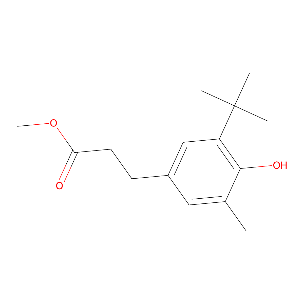 Methyl 3-(1,1-dimethylethyl)-4-hydroxy-5-methylbenzenepropanoate molecular structure, CAS 6386-39-6