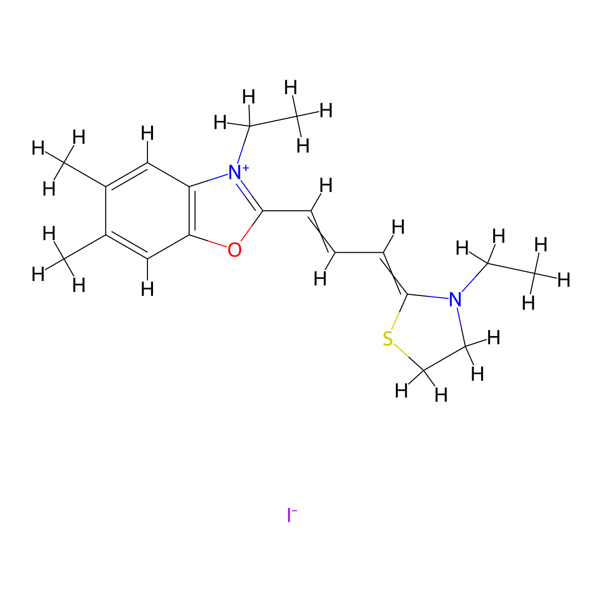 Benzoxazolium, 3-ethyl-2-[3-(3-ethyl-2-thiazolidinylidene)-1-propen-1-yl]-5,6-dimethyl-, iodide (1:1) molecular structure, CAS 63870-31-5