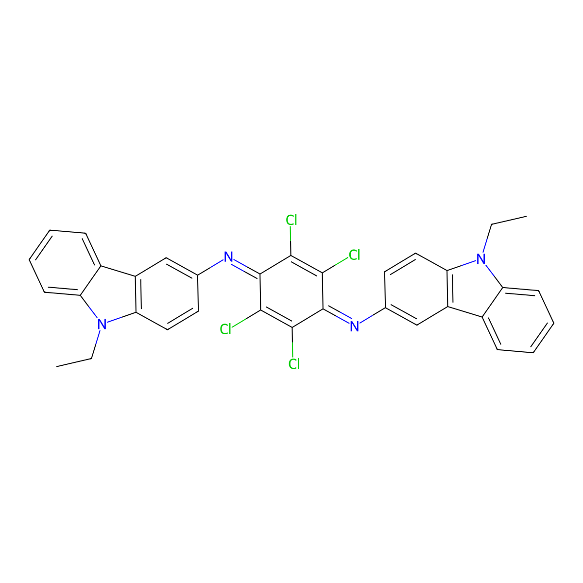 9H-Carbazol-3-amine, N,N'-(2,3,5,6-tetrachloro-2,5-cyclohexadiene-1,4-diylidene)bis[9-ethyl- molecular structure, CAS 63870-33-7