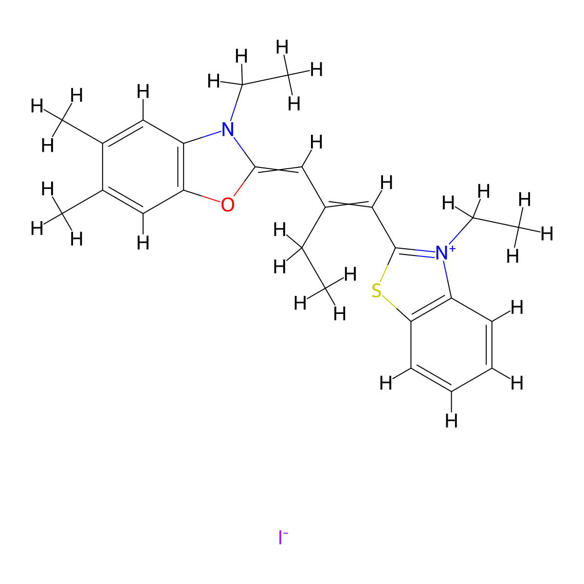 Benzoxazolium, 3-ethyl-2-[2-[(3-ethyl-2(3H)-benzothiazolylidene)methyl]-1-buten-1-yl]-5,6-dimethyl-, iodide (1:1) molecular structure, CAS 63870-45-1