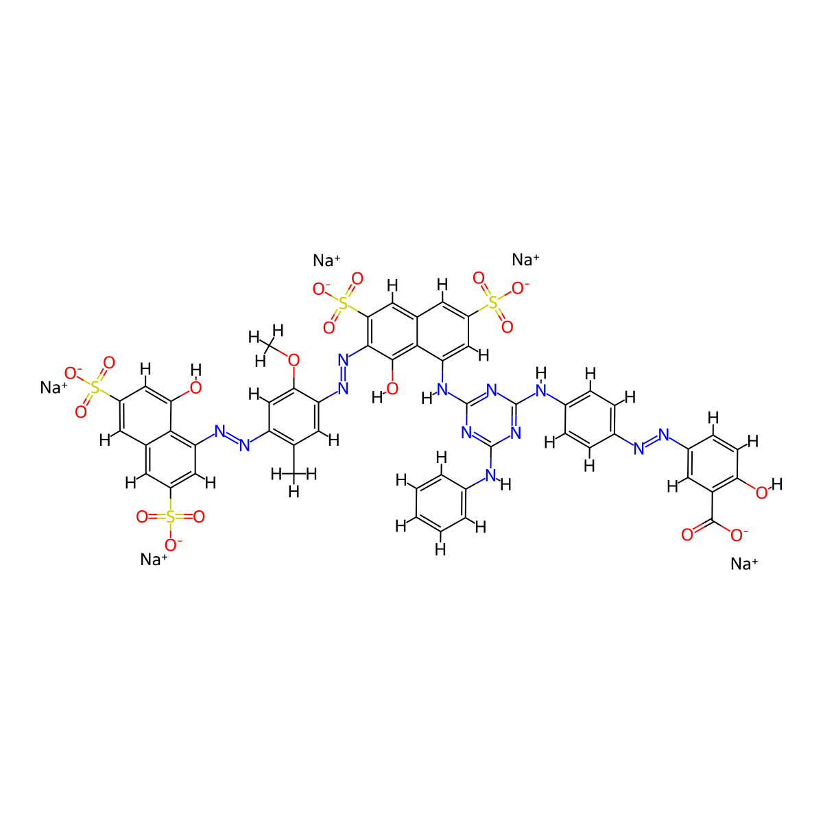 benzoic acid, 2-hydroxy-5-((4-((4-((8-hydroxy-7-((4-((8-hydroxy-3,6-disulfo-1-naphthalenyl)azo)-2-methoxy-5-methylphenyl)azo)-3,6-disulfo-1-naphthalenyl)amino)-6-(phenylamino)-1,3,5-triazin-2-yl)amino)phenyl)azo)-, pentasodium salt molecular structure, CAS 6388-26-7