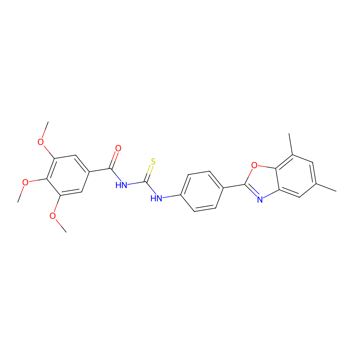 N-{[4-(5,7-dimethyl-1,3-benzoxazol-2-yl)phenyl]carbamothioyl}-3,4,5-trimethoxybenzamide molecular structure, CAS 6389-09-9