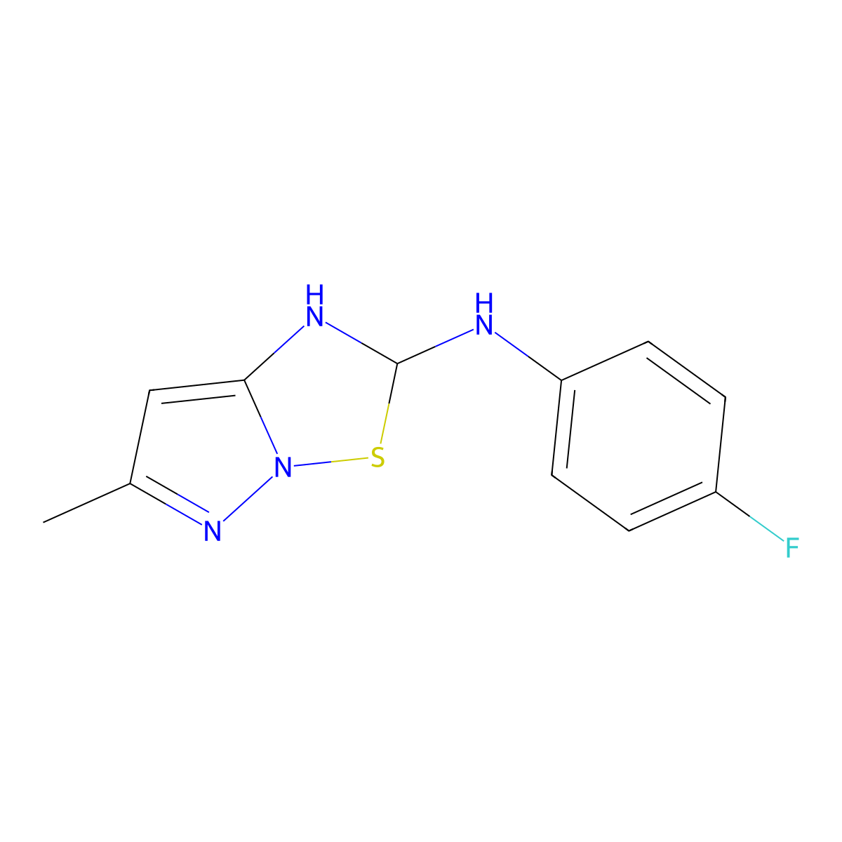 N-(4-fluorophenyl)-6-methyl-2,5-dihydropyrazolo[1,5-b][1,2,4]thiadiazol-2-amine molecular structure, CAS 638995-46-7