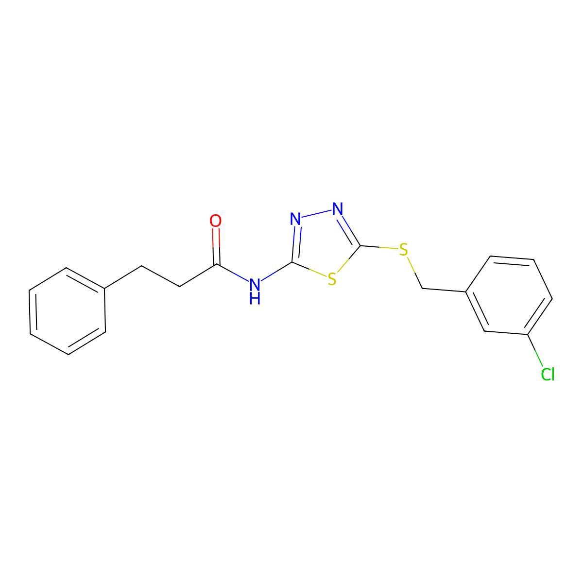 N-(5-((3-chlorobenzyl)thio)-1,3,4-thiadiazol-2-yl)-3-phenylpropanamide molecular structure, CAS 638997-43-0