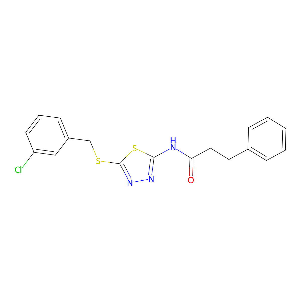 N-(5-((3-chlorobenzyl)thio)-1,3,4-thiadiazol-2-yl)-3-phenylpropanamide molecular structure, CAS 638997-43-0