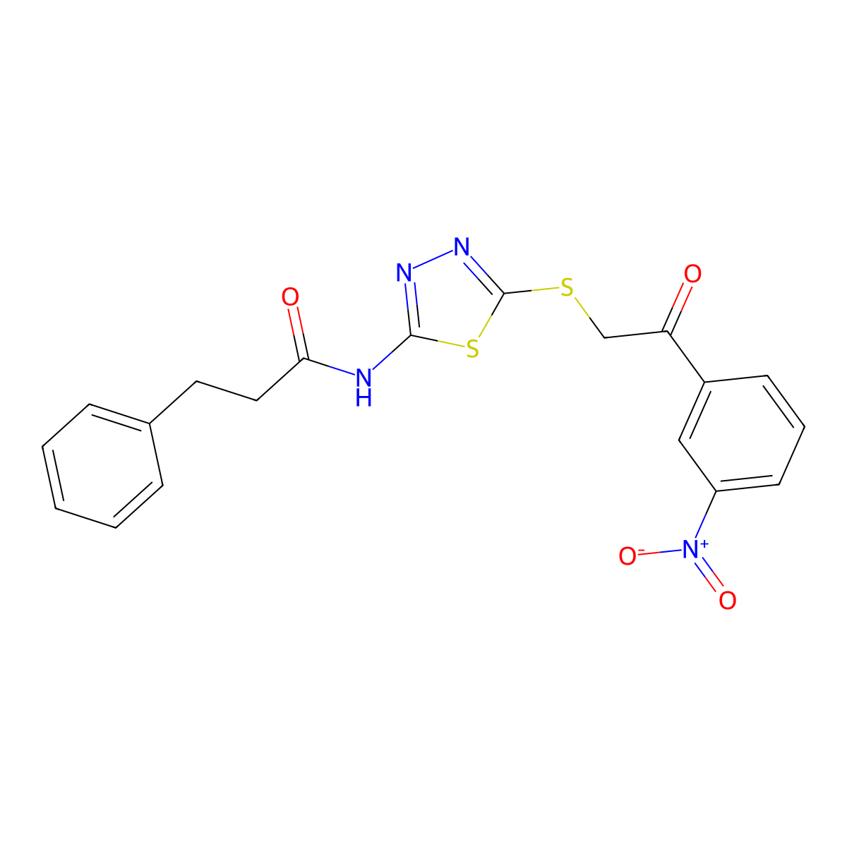 N-[5-[2-(3-nitrophenyl)-2-oxoethyl]sulfanyl-1,3,4-thiadiazol-2-yl]-3-phenylpropanamide molecular structure, CAS 638997-44-1