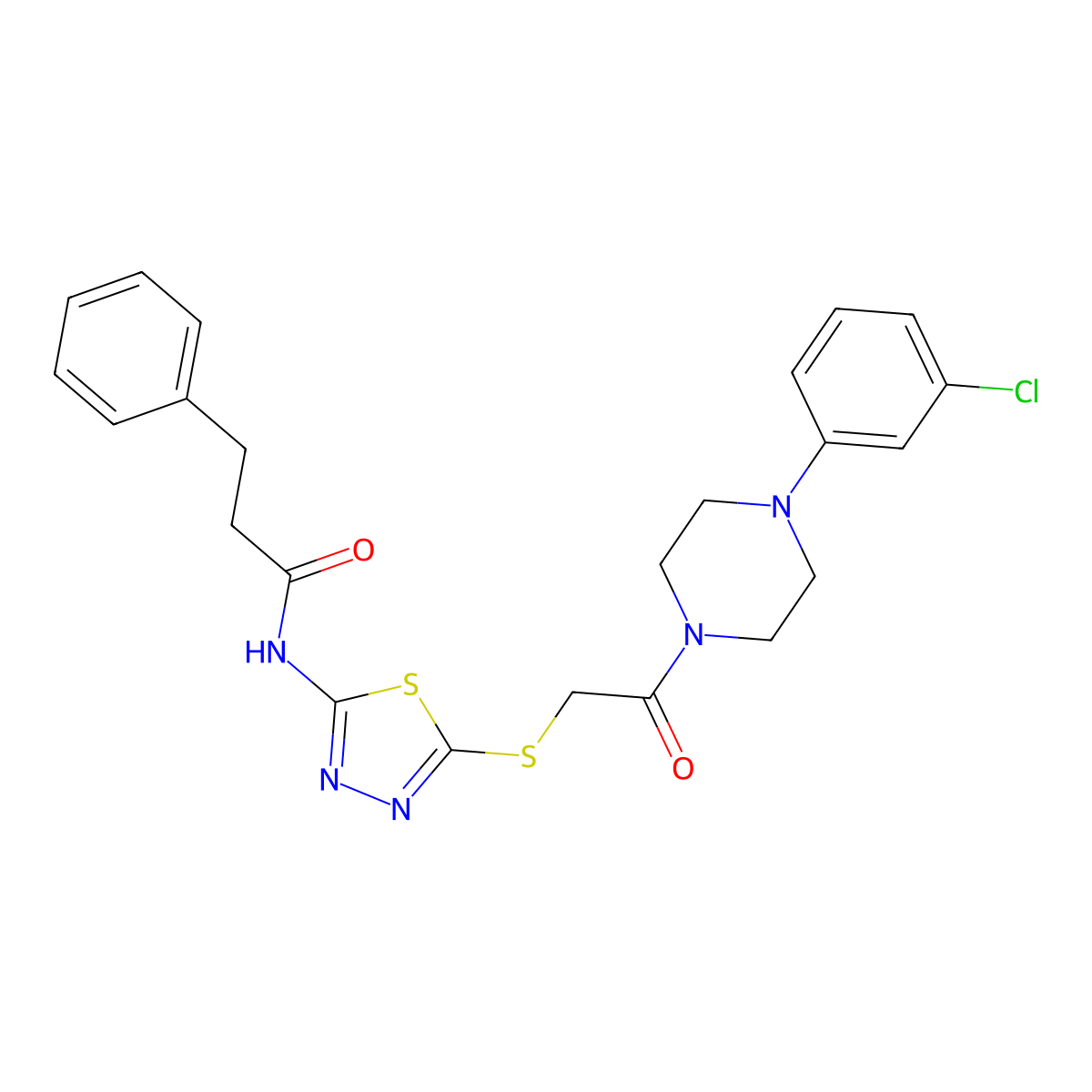 N-[5-({2-[4-(3-chlorophenyl)piperazin-1-yl]-2-oxoethyl}sulfanyl)-1,3,4-thiadiazol-2-yl]-3-phenylpropanamide molecular structure, CAS 638997-46-3