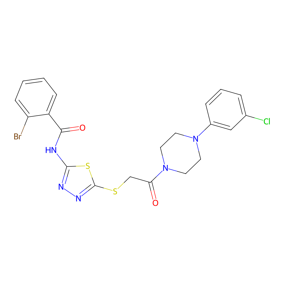 2-bromo-N-[5-({2-[4-(3-chlorophenyl)piperazin-1-yl]-2-oxoethyl}sulfanyl)-1,3,4-thiadiazol-2-yl]benzamide molecular structure, CAS 638997-54-3