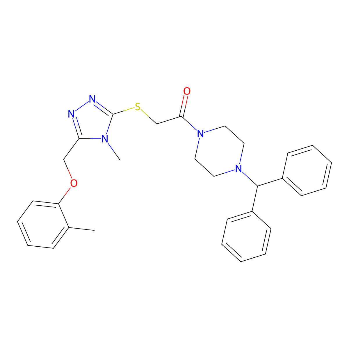 1-(4-Benzhydrylpiperazin-1-yl)-2-[[4-methyl-5-[(2-methylphenoxy)methyl]-1,2,4-triazol-3-yl]sulfanyl]ethanone molecular structure, CAS 638998-05-7