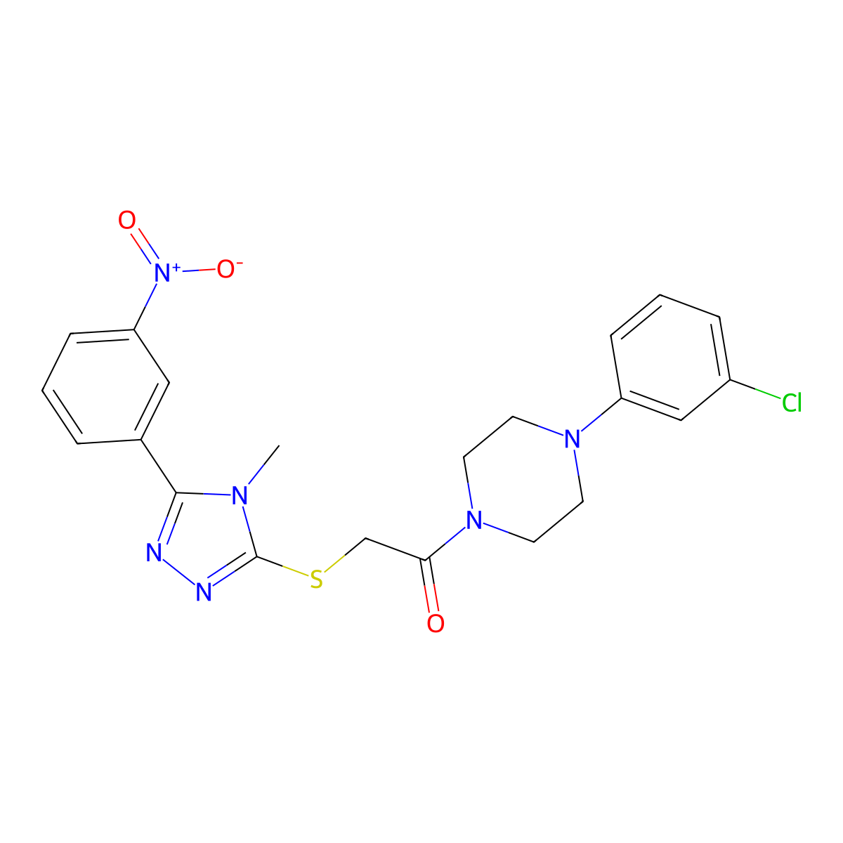 1-[4-(3-Chlorophenyl)piperazin-1-yl]-2-[[4-methyl-5-(3-nitrophenyl)-1,2,4-triazol-3-yl]sulfanyl]ethanone molecular structure, CAS 638999-46-9