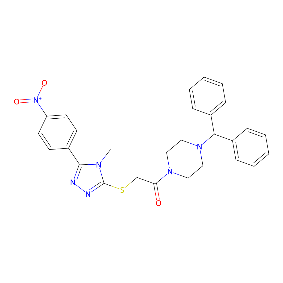 1-(4-Benzhydrylpiperazin-1-yl)-2-[[4-methyl-5-(4-nitrophenyl)-1,2,4-triazol-3-yl]sulfanyl]ethanone molecular structure, CAS 638999-51-6