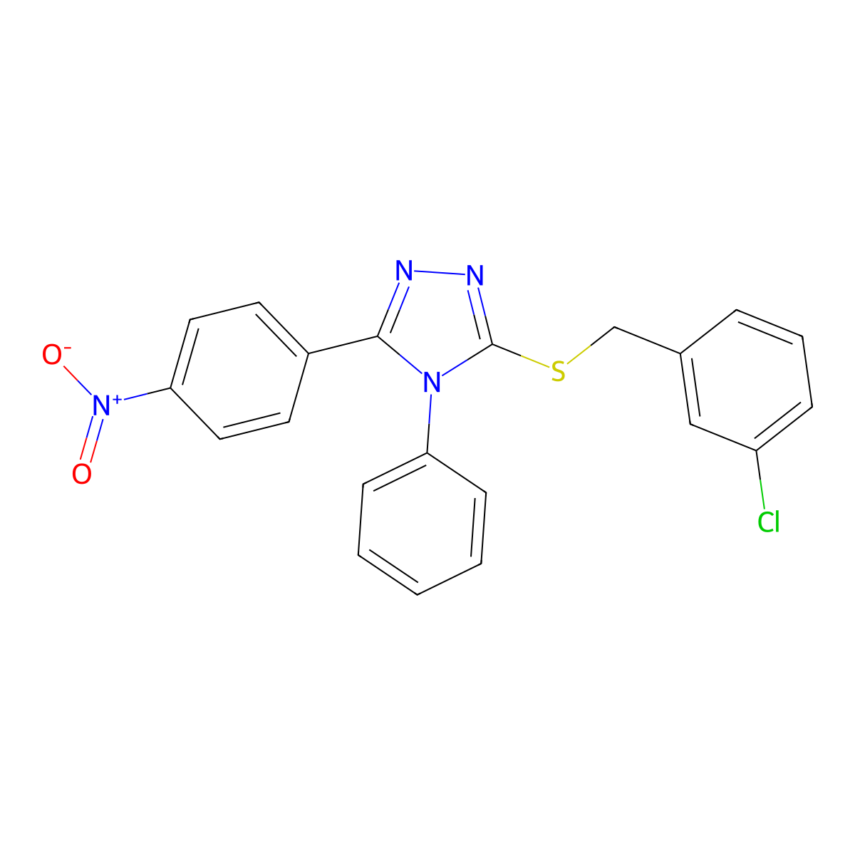 3-[(3-Chlorophenyl)methylsulfanyl]-5-(4-nitrophenyl)-4-phenyl-1,2,4-triazole molecular structure, CAS 638999-55-0