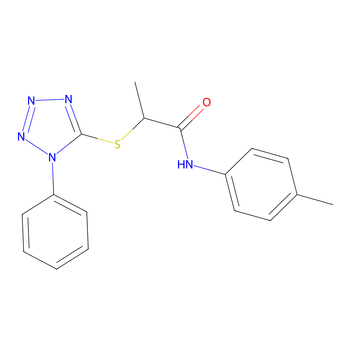 N-(4-methylphenyl)-2-(1-phenyltetrazol-5-yl)sulfanylpropanamide molecular structure, CAS 638999-79-8