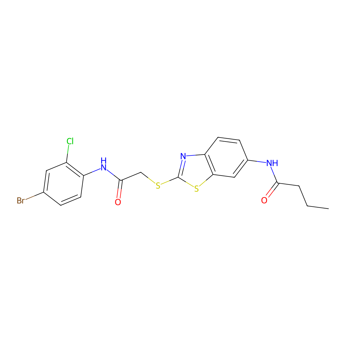 N-[2-[2-(4-bromo-2-chloroanilino)-2-oxoethyl]sulfanyl-1,3-benzothiazol-6-yl]butanamide molecular structure, CAS 639001-56-2