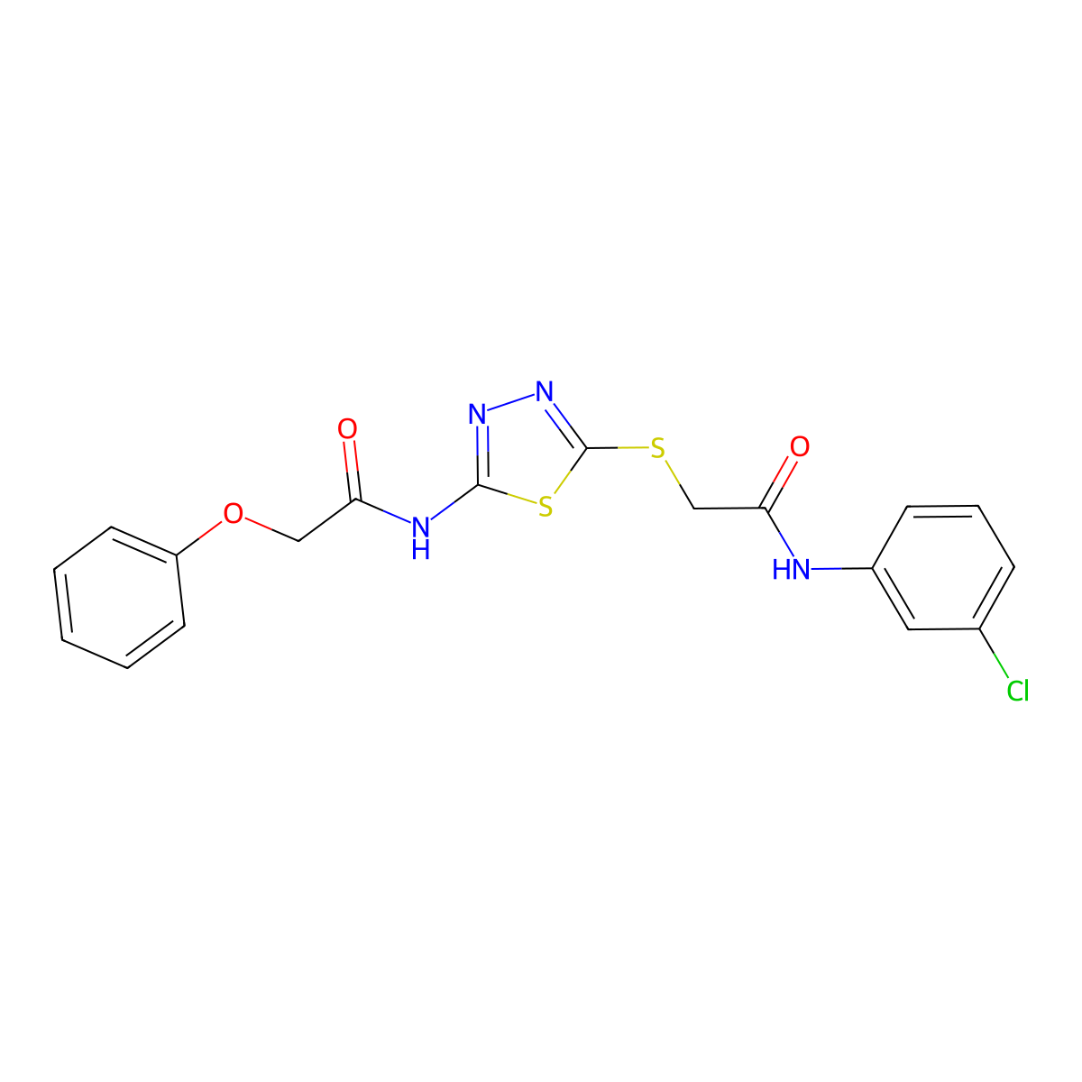 N-(3-chlorophenyl)-2-((5-(2-phenoxyacetamido)-1,3,4-thiadiazol-2-yl)thio)acetamide molecular structure, CAS 639001-65-3