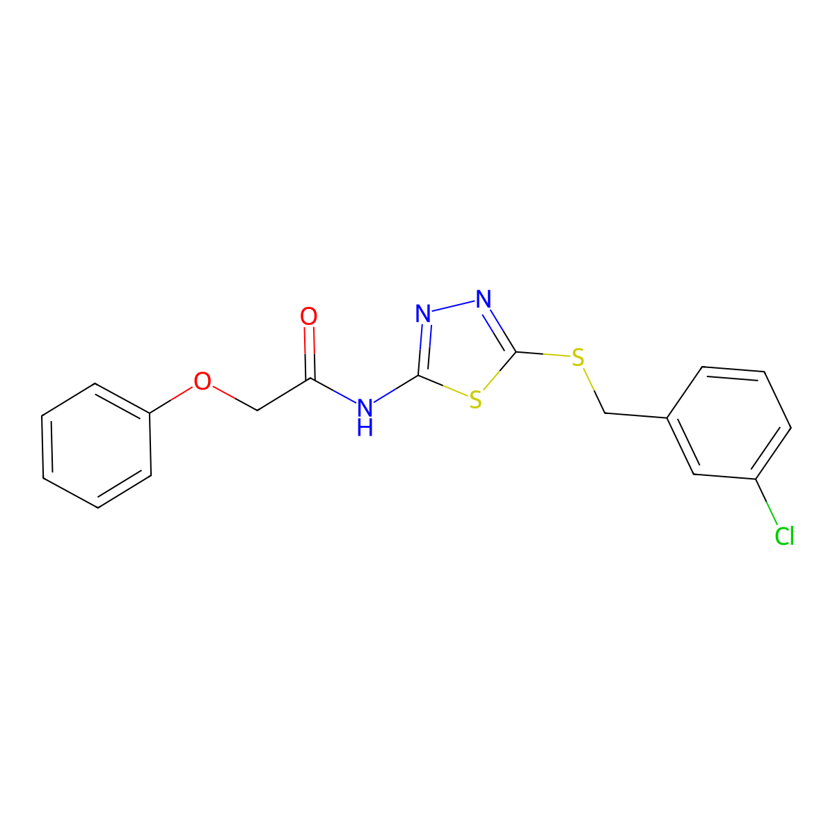 N-[5-[(3-chlorophenyl)methylsulfanyl]-1,3,4-thiadiazol-2-yl]-2-phenoxyacetamide molecular structure, CAS 639001-68-6