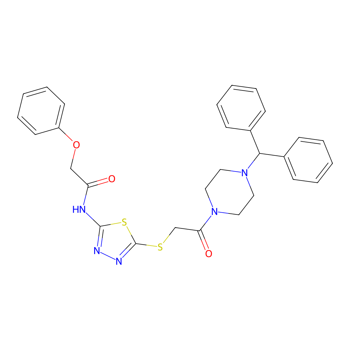 N-[5-[2-(4-benzhydrylpiperazin-1-yl)-2-oxoethyl]sulfanyl-1,3,4-thiadiazol-2-yl]-2-phenoxyacetamide molecular structure, CAS 639001-70-0