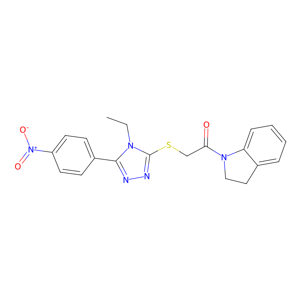 1-(2,3-Dihydroindol-1-yl)-2-[[4-ethyl-5-(4-nitrophenyl)-1,2,4-triazol-3-yl]sulfanyl]ethanone molecular structure, CAS 639004-07-2