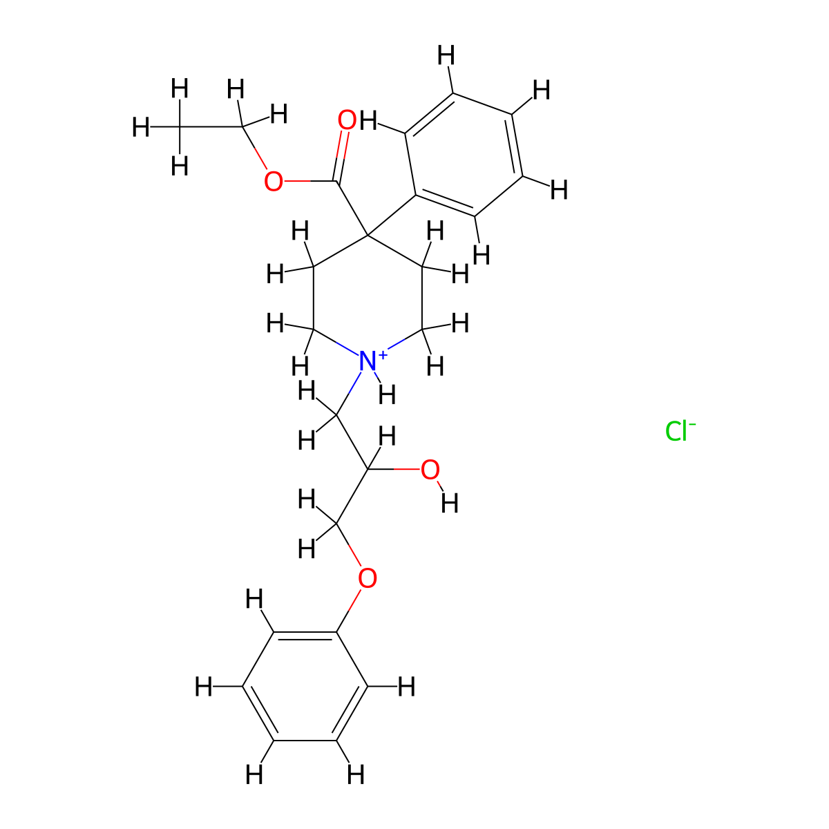 Ethyl 1-(2-hydroxy-3-phenoxypropyl)-4-phenylpiperidine-4-carboxylate--hydrogen chloride (1/1) molecular structure, CAS 63905-54-4