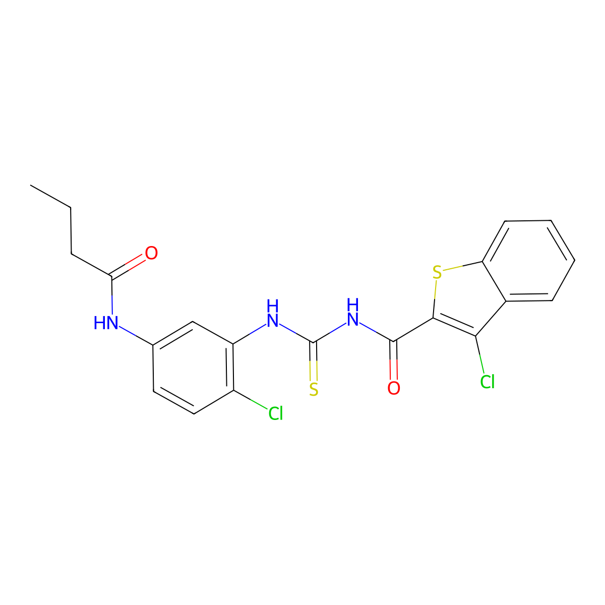 N-[[5-(butanoylamino)-2-chlorophenyl]carbamothioyl]-3-chloro-1-benzothiophene-2-carboxamide molecular structure, CAS 639051-22-2