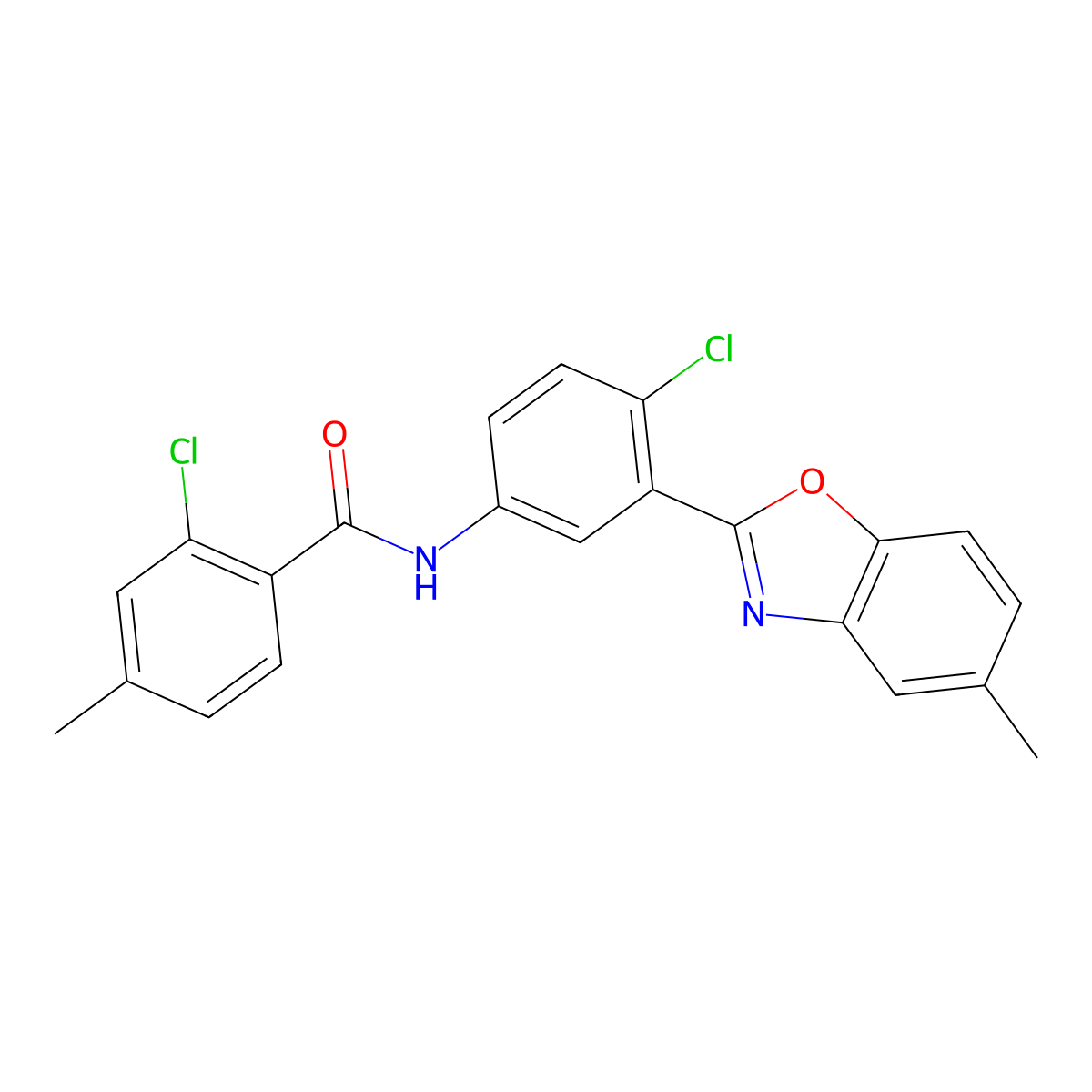 2-chloro-N-[4-chloro-3-(5-methyl-1,3-benzoxazol-2-yl)phenyl]-4-methylbenzamide molecular structure, CAS 639054-52-7