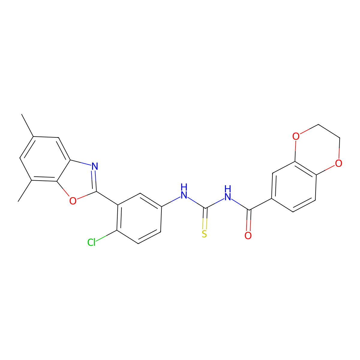 N-[[4-chloro-3-(5,7-dimethyl-1,3-benzoxazol-2-yl)phenyl]carbamothioyl]-2,3-dihydro-1,4-benzodioxine-6-carboxamide molecular structure, CAS 639055-46-2