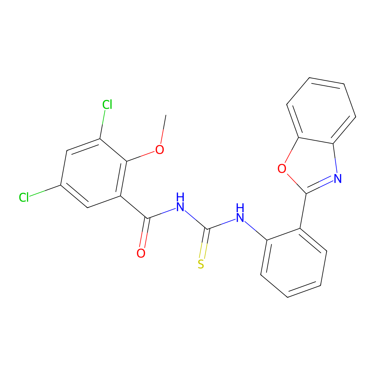 N-[[2-(1,3-benzoxazol-2-yl)phenyl]carbamothioyl]-3,5-dichloro-2-methoxybenzamide molecular structure, CAS 639056-11-4