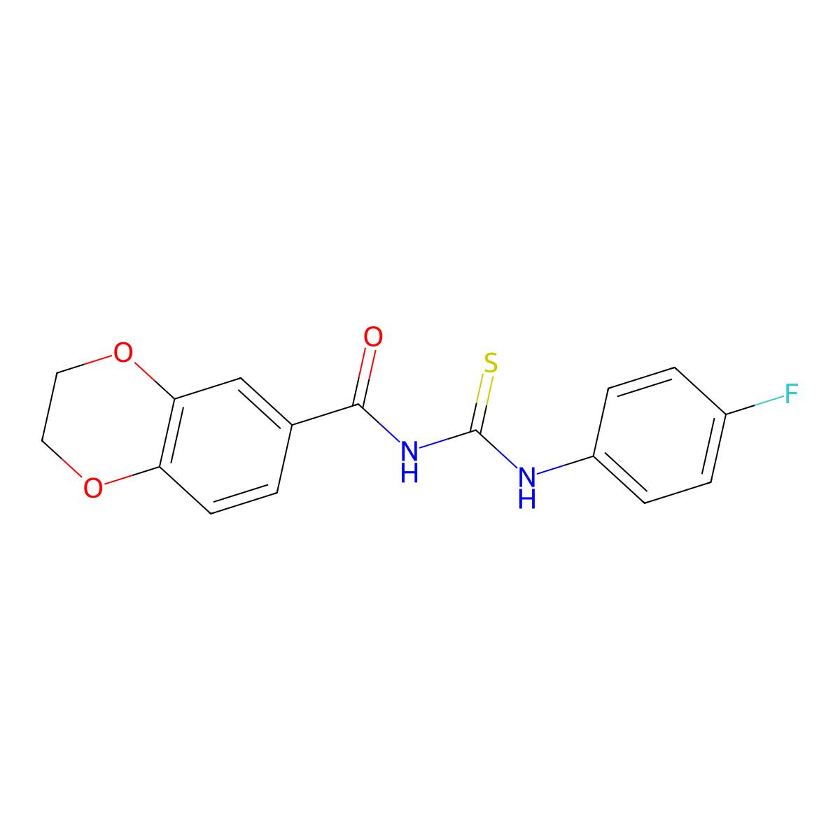 N-[(4-fluoroanilino)-sulfanylidenemethyl]-2,3-dihydro-1,4-benzodioxin-6-carboxamide molecular structure, CAS 639057-52-6
