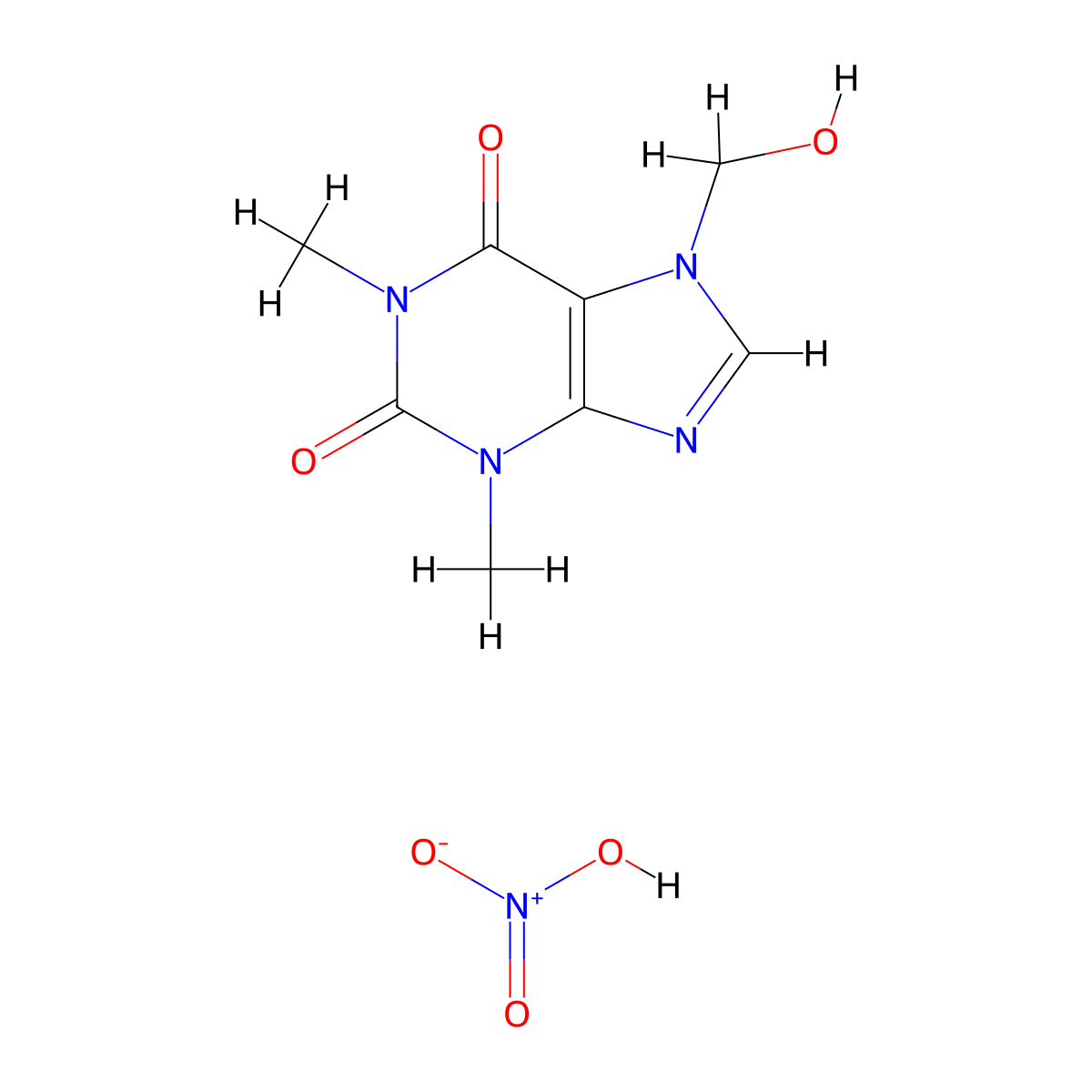 theophylline, 7-hydroxymethyl-, nitrate, (salt) molecular structure, CAS 63906-68-3