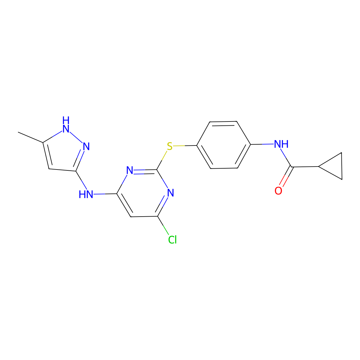 N-(4-((4-Chloro-6-((5-methyl-1H-pyrazol-3-yl)amino)pyrimidin-2-yl)thio)phenyl)cyclopropanecarboxamide molecular structure, CAS 639090-55-4