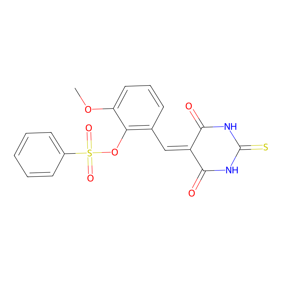 [2-[(4,6-Dioxo-2-sulfanylidene-1,3-diazinan-5-ylidene)methyl]-6-methoxyphenyl] benzenesulfonate molecular structure, CAS 6391-99-7