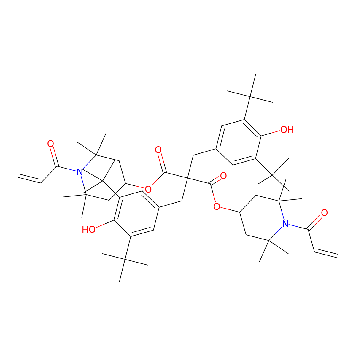 Propanedioic acid, 2,2-bis[[3,5-bis(1,1-dimethylethyl)-4-hydroxyphenyl]methyl]-, 1,3-bis[2,2,6,6-tetramethyl-1-(1-oxo-2-propen-1-yl)-4-piperidinyl] ester molecular structure, CAS 63941-39-9