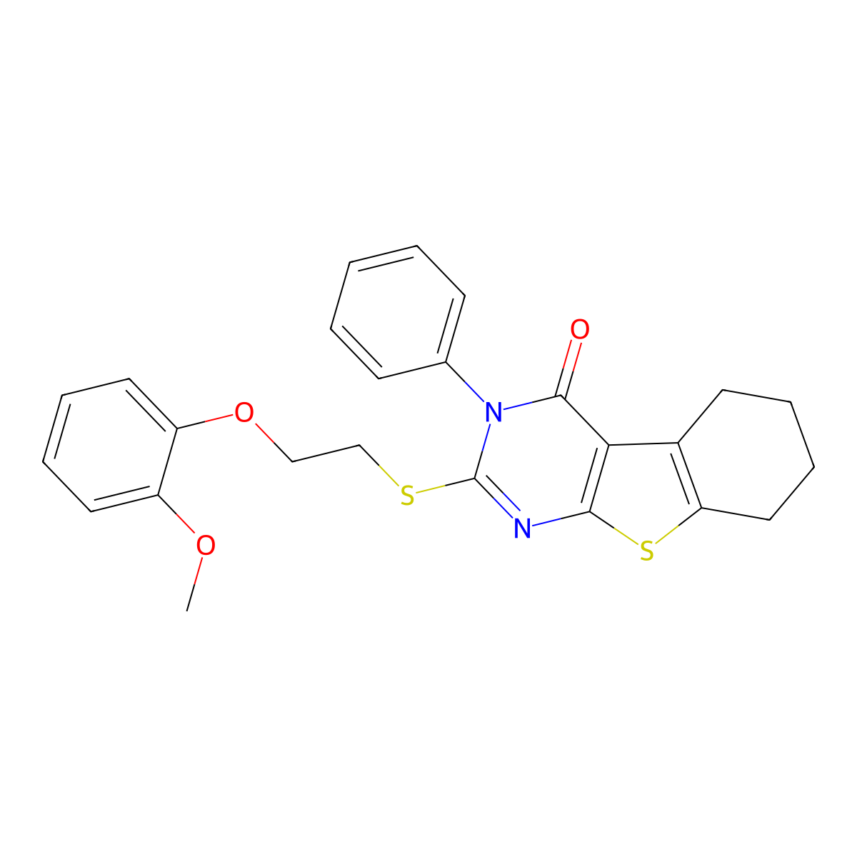 2-[2-(2-Methoxyphenoxy)ethylsulfanyl]-3-phenyl-5,6,7,8-tetrahydro-[1]benzothiolo[2,3-d]pyrimidin-4-one molecular structure, CAS 639502-71-9