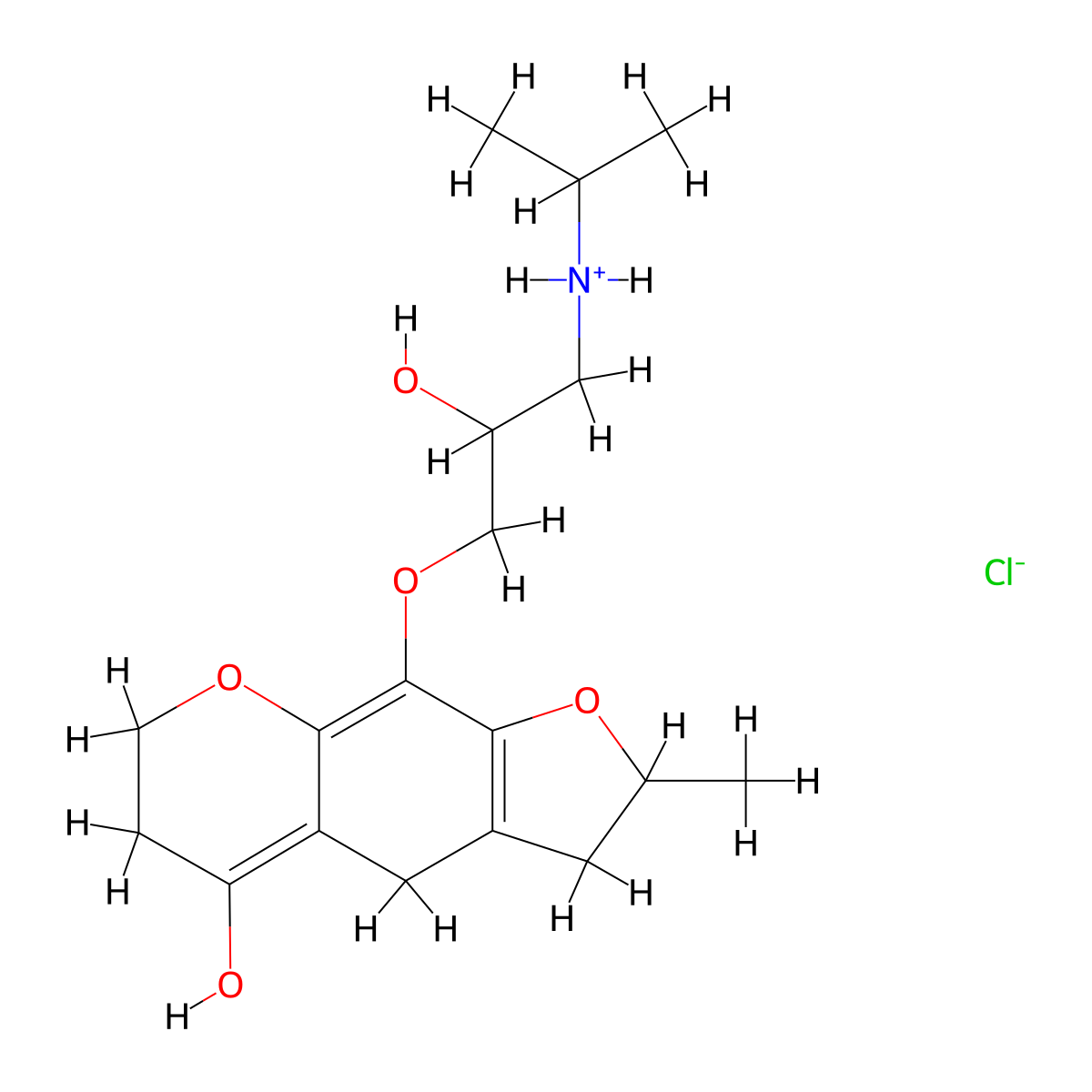 5H-Furo(3,2-g)(1)benzopyran, 2,3,6,7-tetrahydro-4-hydroxy-9-(3-isopropylamino-2-hydroxypropoxy)-7-methyl-, hydrochloride molecular structure, CAS 63956-97-8